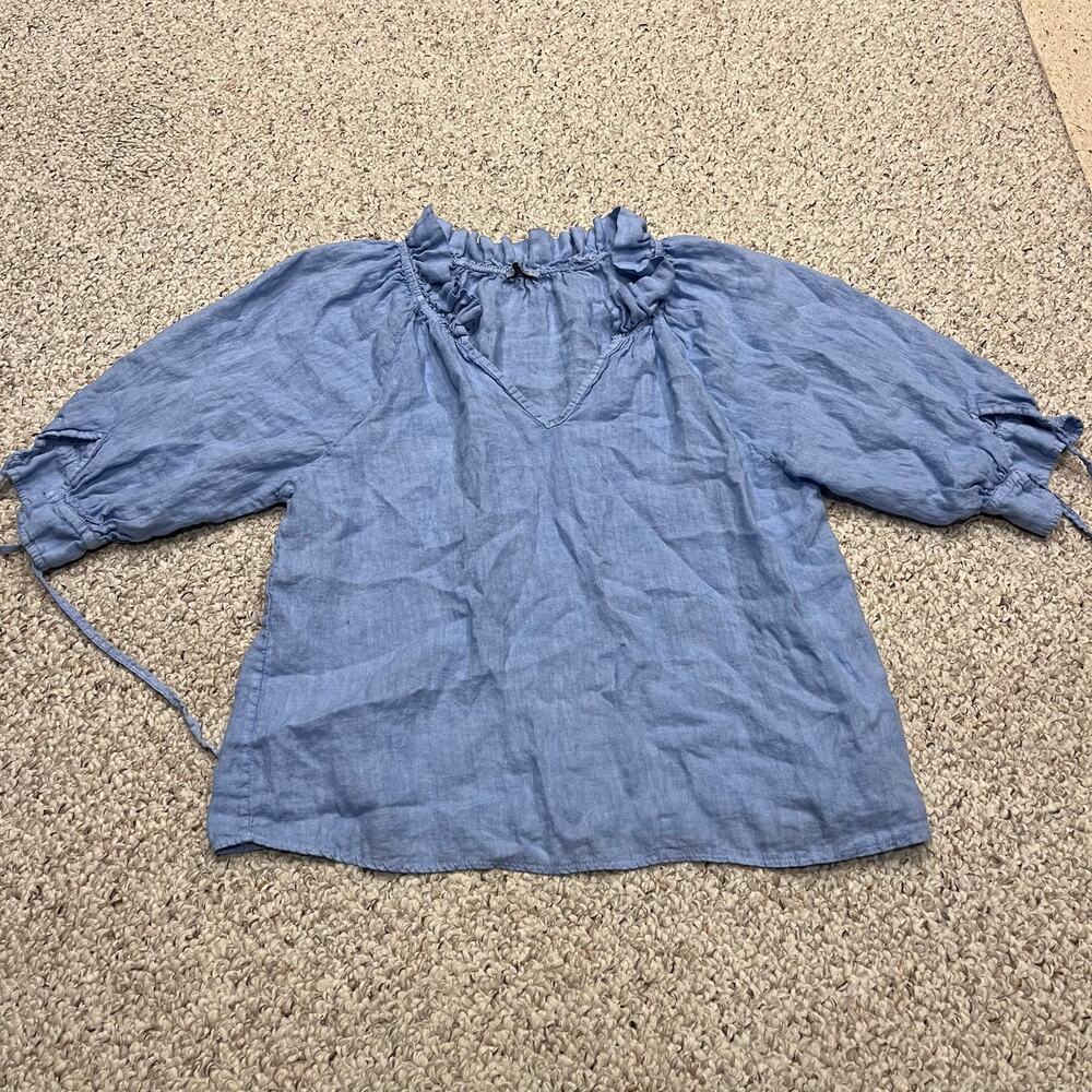 Meo Meli Linen Puff Sleeve Blouse XL Blue Lightweight Coastal Feminine Coquette